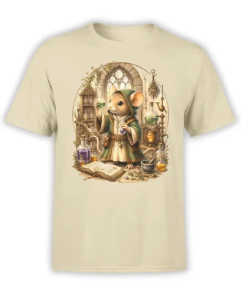 Beige unisex T-shirt with a detailed hooded mouse alchemist mixing bright potions in a medieval apothecary scene