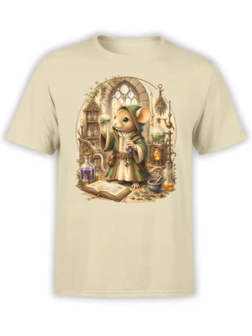 Beige unisex T-shirt with a detailed hooded mouse alchemist mixing bright potions in a medieval apothecary scene