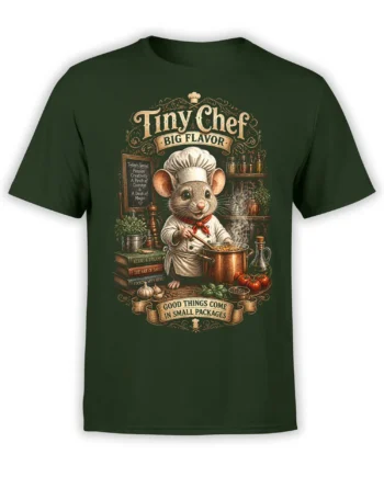 dark green unisex t-shirt with a whimsical mouse chef cooking in a copper pot surrounded by herbs, books, and Tiny Chef Big Flavor lettering