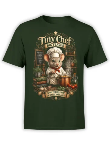 dark green unisex t-shirt with a whimsical mouse chef cooking in a copper pot surrounded by herbs, books, and Tiny Chef Big Flavor lettering