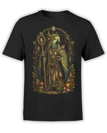 black unisex t-shirt with detailed fantasy parrot druid holding a staff, framed by forest symbols, mushrooms and lantern