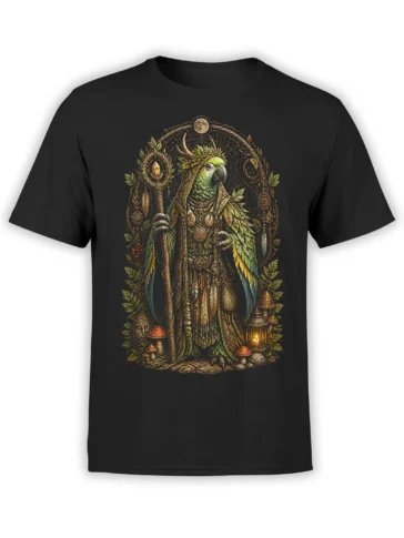 black unisex t-shirt with detailed fantasy parrot druid holding a staff, framed by forest symbols, mushrooms and lantern