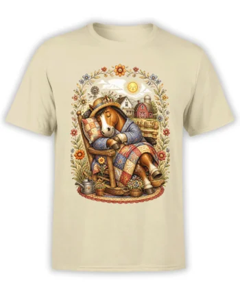 beige unisex t-shirt with a cozy design of a sleeping horse in a rocking chair on a bright flower-framed farm scene