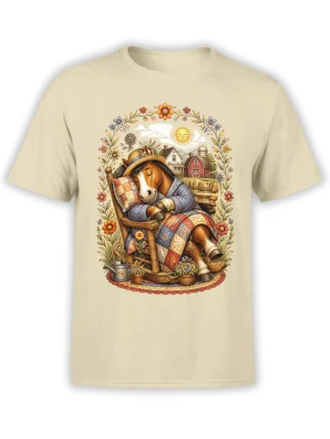 beige unisex t-shirt with a cozy design of a sleeping horse in a rocking chair on a bright flower-framed farm scene
