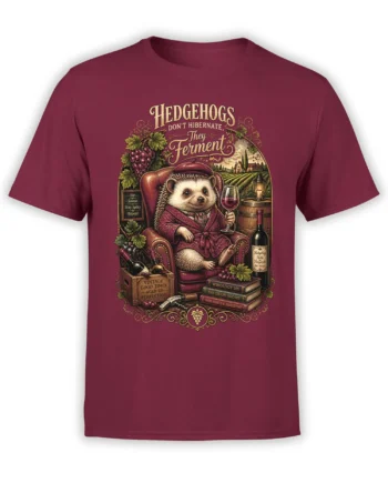 front view of red t-shirt with vintage-style hedgehog in robe holding wine glass, framed by grapes, books, and vineyard background