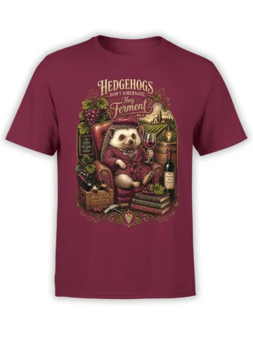 front view of red t-shirt with vintage-style hedgehog in robe holding wine glass, framed by grapes, books, and vineyard background