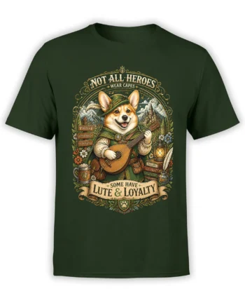 Green unisex t-shirt with detailed fantasy corgi bard playing a lute and “Not All Heroes Wear Capes” quote in a vintage frame