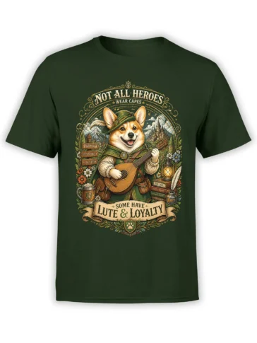 Green unisex t-shirt with detailed fantasy corgi bard playing a lute and “Not All Heroes Wear Capes” quote in a vintage frame