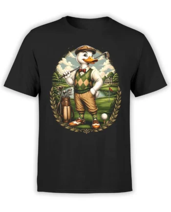 Black unisex t-shirt with vintage duck golfer graphic on a green golf course, framed by laurel details and a country club background
