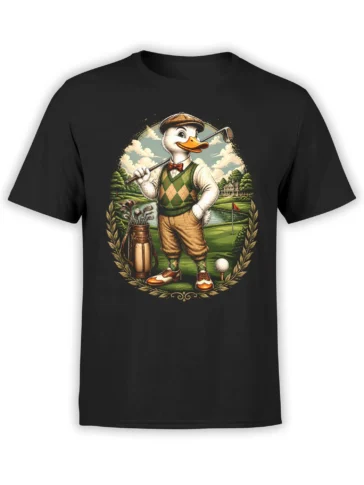 Black unisex t-shirt with vintage duck golfer graphic on a green golf course, framed by laurel details and a country club background
