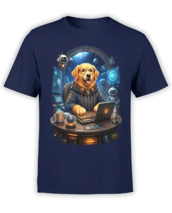 Navy unisex t-shirt with golden retriever programmer dog at a sci fi space workstation surrounded by robots, screens, and planets