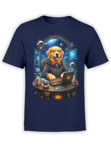 Navy unisex t-shirt with golden retriever programmer dog at a sci fi space workstation surrounded by robots, screens, and planets