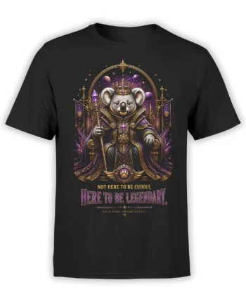 Black unisex T-shirt with a detailed cosmic koala king on a purple and gold throne and the quote “Not here to be cuddly, here to be legendary.”