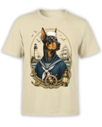 Beige unisex t-shirt with detailed nautical Doberman sailor graphic, lighthouse, tall ship, anchor, wheel, and lantern framed in rope
