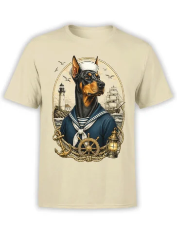 Beige unisex t-shirt with detailed nautical Doberman sailor graphic, lighthouse, tall ship, anchor, wheel, and lantern framed in rope