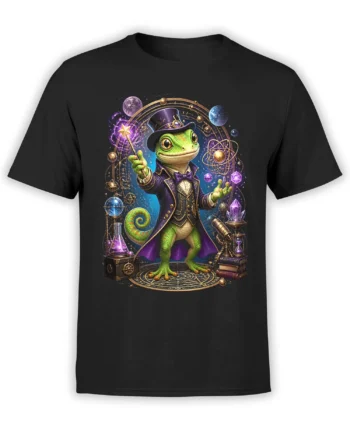 Black unisex T-shirt with a colorful gecko wizard in purple coat and top hat casting cosmic magic among planets, crystals, and potions