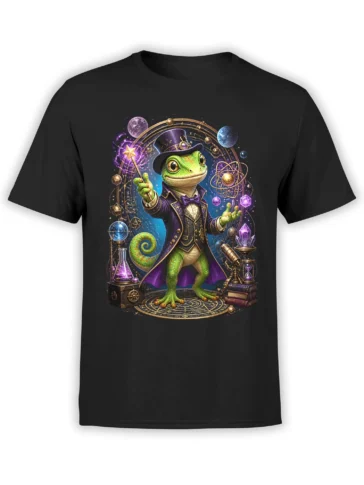 Black unisex T-shirt with a colorful gecko wizard in purple coat and top hat casting cosmic magic among planets, crystals, and potions