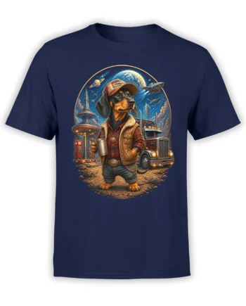 navy unisex t-shirt with dachshund trucker holding a mug next to a semi truck in a colorful outer space scene