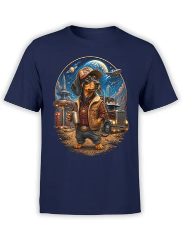 navy unisex t-shirt with dachshund trucker holding a mug next to a semi truck in a colorful outer space scene