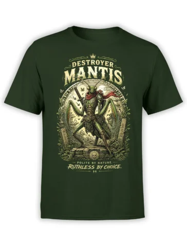dark green unisex t-shirt featuring a samurai mantis warrior with katana and bold quote polite by nature ruthless by choice