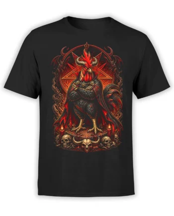 Black T-shirt with detailed demonic horned rooster in red cloak standing on an occult altar with skulls, candles, and a fiery pentagram