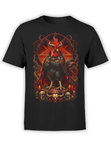 Black T-shirt with detailed demonic horned rooster in red cloak standing on an occult altar with skulls, candles, and a fiery pentagram