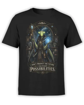 Black unisex t-shirt with detailed mantis wizard graphic, glowing magic orb, staff, and “I cultivate possibilities” quote in ornate fantasy frame