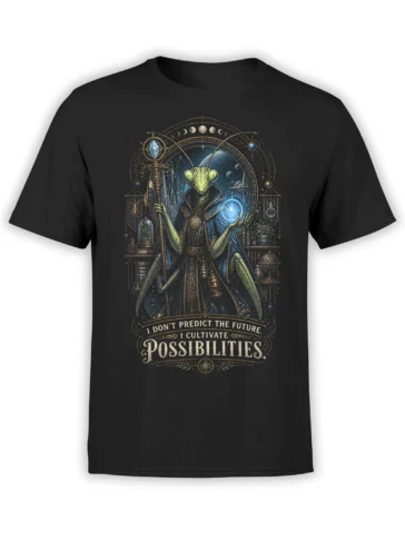 Black unisex t-shirt with detailed mantis wizard graphic, glowing magic orb, staff, and “I cultivate possibilities” quote in ornate fantasy frame