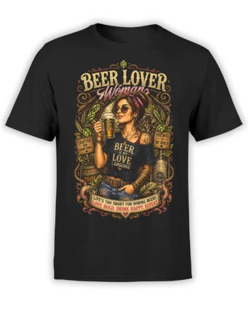 black unisex t-shirt with vintage beer lover woman graphic holding a pint, framed by hops, barrels, and ornate beer details