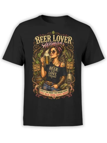 black unisex t-shirt with vintage beer lover woman graphic holding a pint, framed by hops, barrels, and ornate beer details