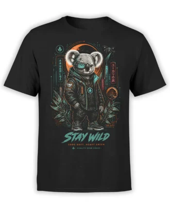 black T-shirt with detailed cyberpunk koala in jacket, neon city, drone, and Stay Wild slogan in teal and orange