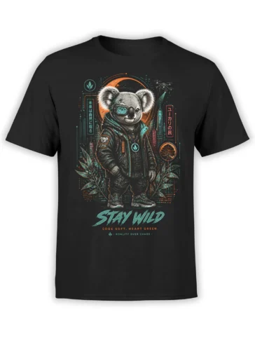 black T-shirt with detailed cyberpunk koala in jacket, neon city, drone, and Stay Wild slogan in teal and orange