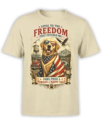 Beige unisex t-shirt with patriotic golden retriever wearing flag bandana and USA sunglasses in a vintage Americana landscape