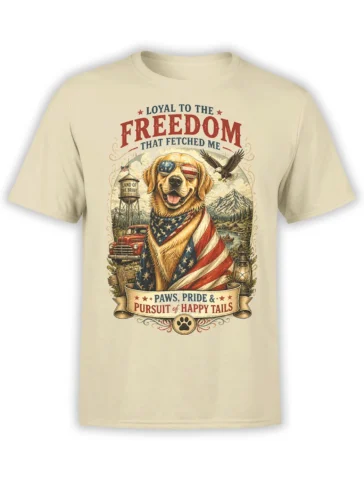 Beige unisex t-shirt with patriotic golden retriever wearing flag bandana and USA sunglasses in a vintage Americana landscape