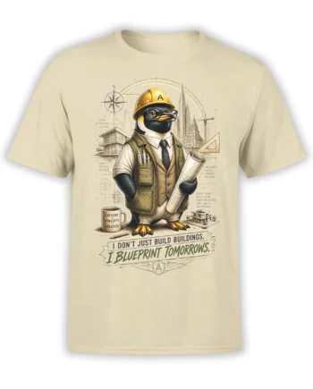 Beige unisex shirt with a detailed penguin architect holding blueprints, surrounded by city sketches and the quote I blueprint tomorrows