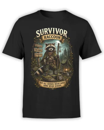 Black unisex t-shirt with vintage survivor raccoon camping design and quote “Not all heroes wear capes. Some wear scraps.”