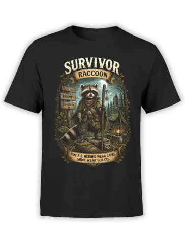 Black unisex t-shirt with vintage survivor raccoon camping design and quote “Not all heroes wear capes. Some wear scraps.”