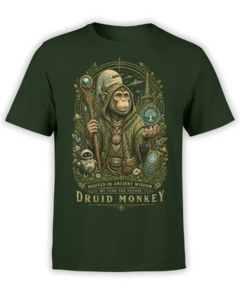 green unisex t-shirt with detailed druid monkey and robot fantasy design set in a glowing forest and sci-fi skyline