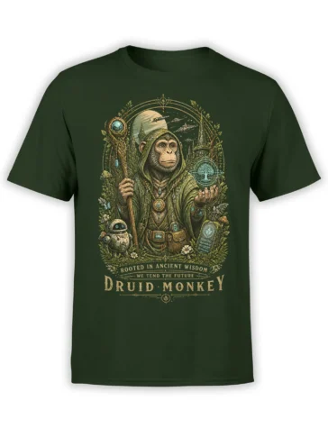 green unisex t-shirt with detailed druid monkey and robot fantasy design set in a glowing forest and sci-fi skyline