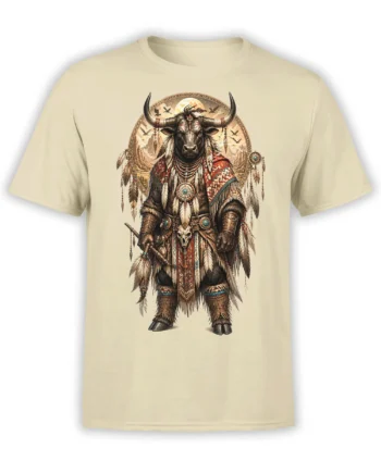 beige unisex t-shirt with detailed bull warrior in feathered armor standing before a desert sun and mountain scene