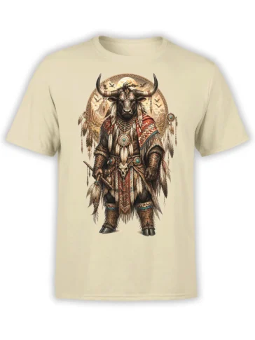 beige unisex t-shirt with detailed bull warrior in feathered armor standing before a desert sun and mountain scene