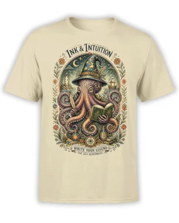 Beige unisex shirt with detailed wizard octopus holding book and quill, framed by flowers, lighthouse, ship and ocean magic symbols