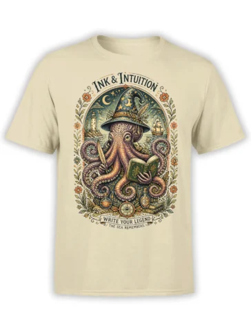 Beige unisex shirt with detailed wizard octopus holding book and quill, framed by flowers, lighthouse, ship and ocean magic symbols