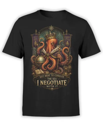 black unisex t-shirt with detailed crowned octopus king artwork and negotiation quote in ornate vintage nautical style