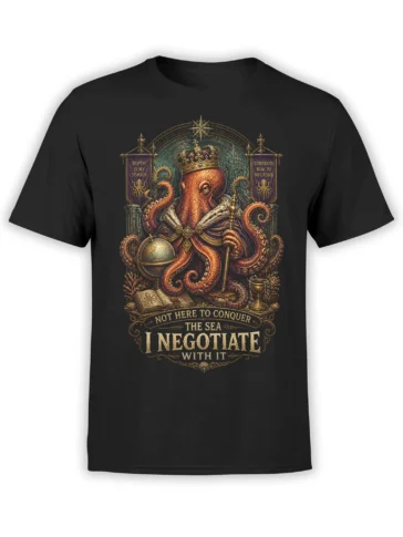 black unisex t-shirt with detailed crowned octopus king artwork and negotiation quote in ornate vintage nautical style