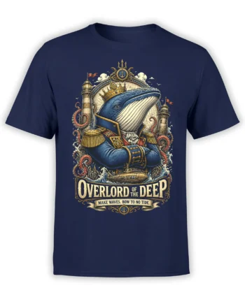 navy unisex t-shirt with detailed crowned whale admiral graphic framed by lighthouses, tentacles, and submarine waves