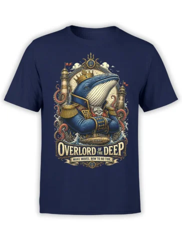 navy unisex t-shirt with detailed crowned whale admiral graphic framed by lighthouses, tentacles, and submarine waves
