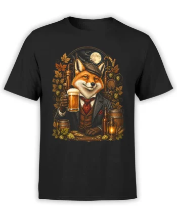 Black unisex T-shirt with a dapper fox in a vintage suit toasting with a beer mug in a detailed moonlit brewery scene