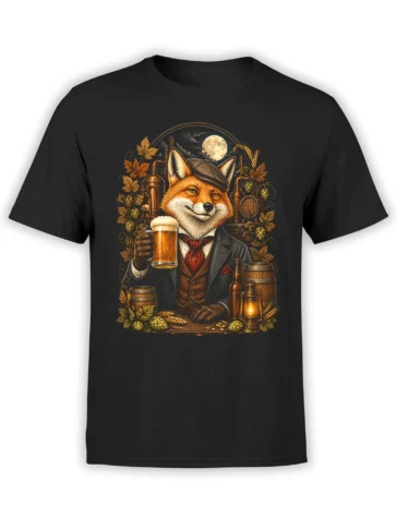 Black unisex T-shirt with a dapper fox in a vintage suit toasting with a beer mug in a detailed moonlit brewery scene