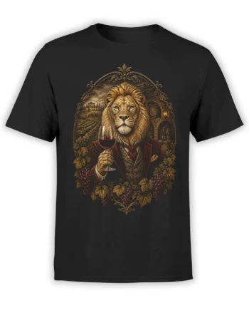 black unisex shirt with vintage lion gentleman holding red wine in a grape and vineyard frame, detailed wine art on chest
